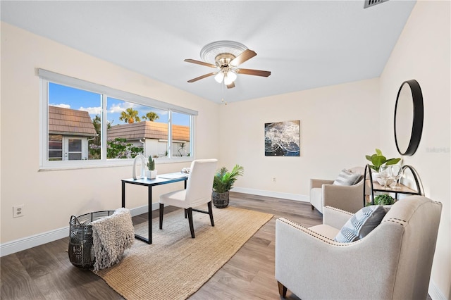 2419 Riverbluff Pkwy Unit V233, Sarasota, FL 34231 - office area with a ceiling fan, baseboards, and wood finished floors