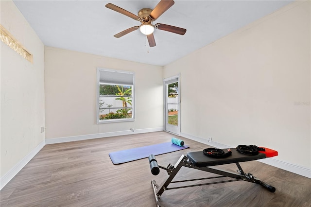 2419 Riverbluff Pkwy Unit V233, Sarasota, FL 34231 - exercise room with a ceiling fan, baseboards, and wood finished floors