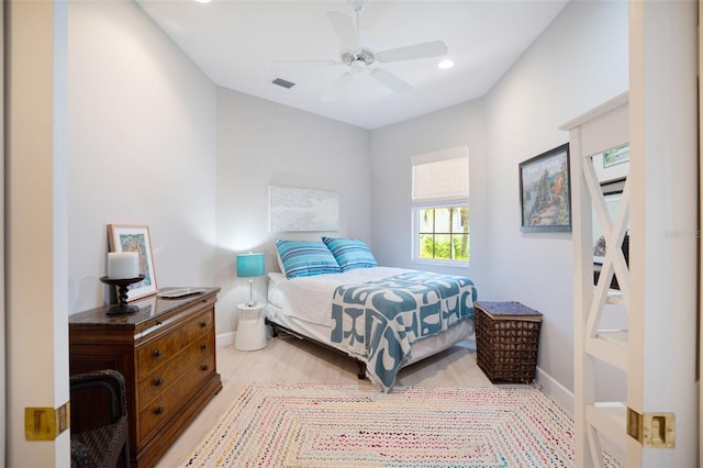 7164 Rue De Palisades Unit 5, Sarasota, FL 34238 - bedroom featuring baseboards, recessed lighting, ceiling fan, and light wood-style flooring
