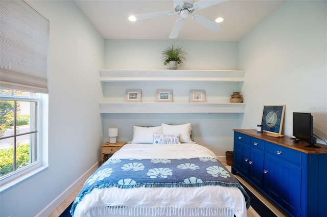 7164 Rue De Palisades Unit 5, Sarasota, FL 34238 - bedroom with baseboards, wood finished floors, recessed lighting, and a ceiling fan
