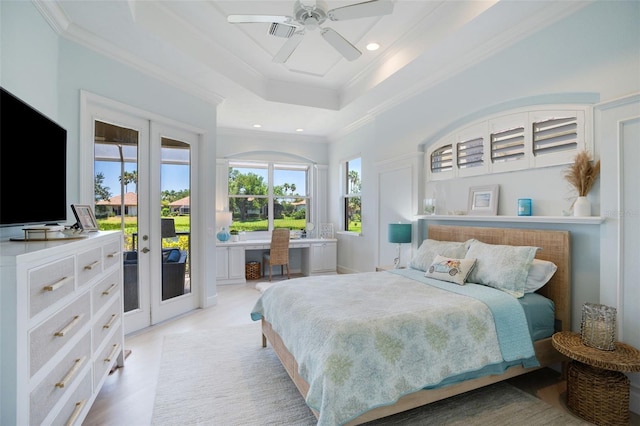 7164 Rue De Palisades Unit 5, Sarasota, FL 34238 - bedroom with french doors, access to outside, crown molding, recessed lighting, and a raised ceiling
