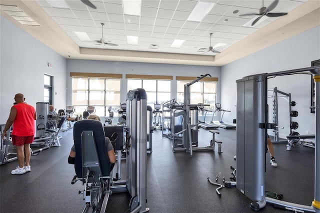 197 Villoresi Blvd, Nokomis, FL 34275 - workout area featuring a paneled ceiling, a ceiling fan, and a raised ceiling