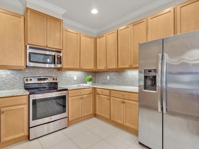 635 Chipper Dr, Sun City Center, FL 33573 - kitchen featuring appliances with stainless steel finishes, light brown cabinetry, light tile patterned flooring, ornamental molding, and decorative backsplash