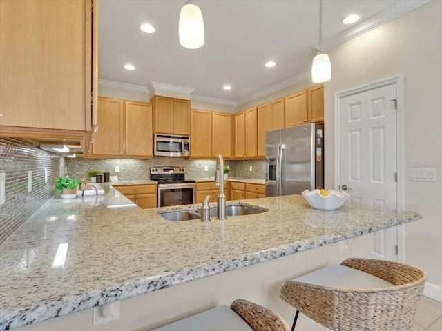 635 Chipper Dr, Sun City Center, FL 33573 - kitchen with stainless steel appliances, a sink, a breakfast bar, ornamental molding, and light stone countertops