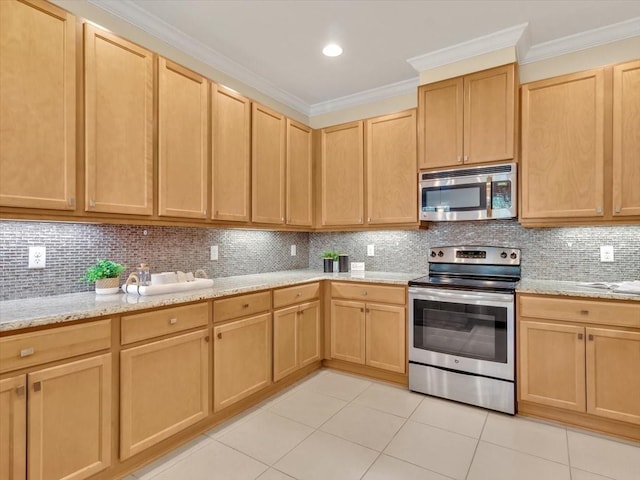 635 Chipper Dr, Sun City Center, FL 33573 - kitchen featuring appliances with stainless steel finishes, light brown cabinetry, light tile patterned floors, ornamental molding, and backsplash