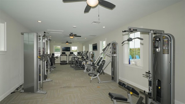 12728 Lateral Root Dr, Sarasota, FL 34238 - gym featuring a ceiling fan, light carpet, baseboards, and recessed lighting