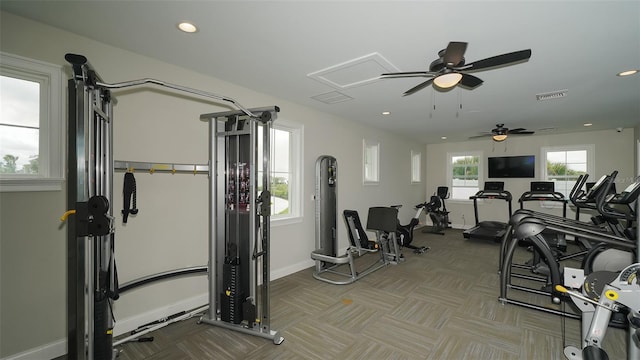 12728 Lateral Root Dr, Sarasota, FL 34238 - workout area featuring carpet, baseboards, a ceiling fan, recessed lighting, and attic access