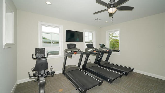12728 Lateral Root Dr, Sarasota, FL 34238 - exercise room with a ceiling fan, baseboards, recessed lighting, and carpet