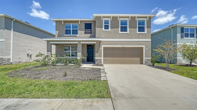 12732 Lateral Root Dr, Sarasota, FL 34238 - view of front of home featuring a porch, stucco siding, stone siding, and driveway