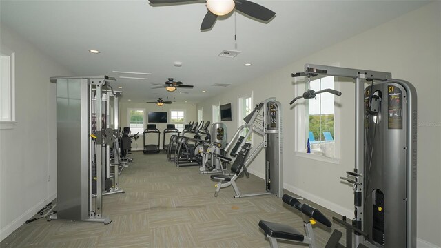 12732 Lateral Root Dr, Sarasota, FL 34238 - gym with ceiling fan, baseboards, light colored carpet, and recessed lighting
