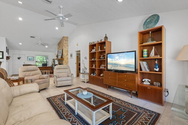 13719 Seminole Trl, Wimauma, FL 33598 - living area featuring ceiling fan, light tile patterned floors, and high vaulted ceiling
