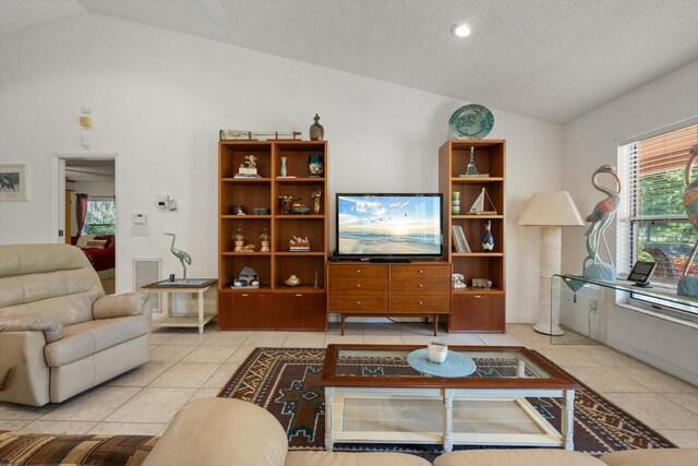 13719 Seminole Trl, Wimauma, FL 33598 - tiled living room featuring lofted ceiling and a textured ceiling