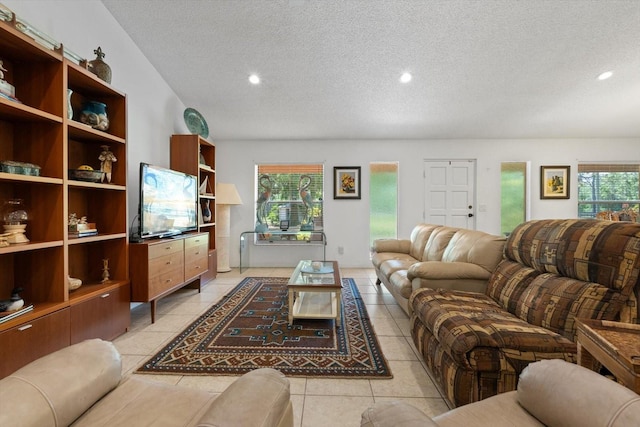 13719 Seminole Trl, Wimauma, FL 33598 - living area featuring a textured ceiling, light tile patterned flooring, and recessed lighting
