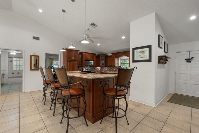 13719 Seminole Trl, Wimauma, FL 33598 - kitchen with lofted ceiling, ceiling fan, appliances with stainless steel finishes, a kitchen bar, and glass insert cabinets