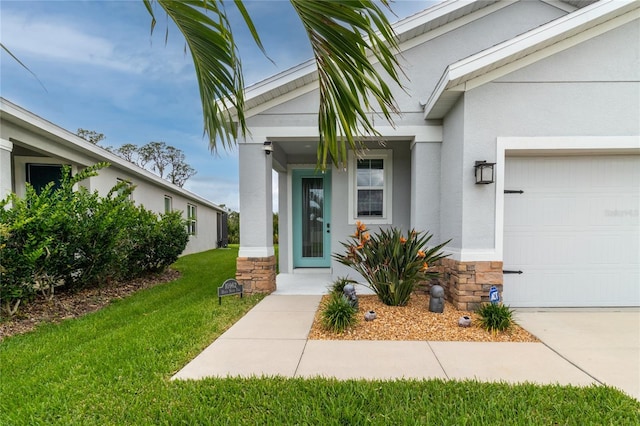 10962 High Noon Trl, Parrish, FL 34219 - entrance to property with stucco siding, stone siding, a lawn, and a garage