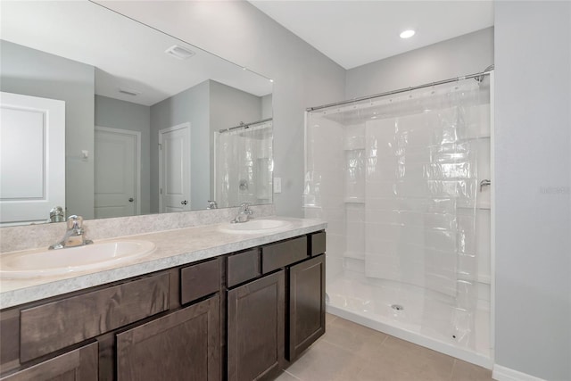 12712 Dusty Trail Dr, Sarasota, FL 34238 - full bath featuring tile patterned floors, double vanity, and a shower with shower curtain