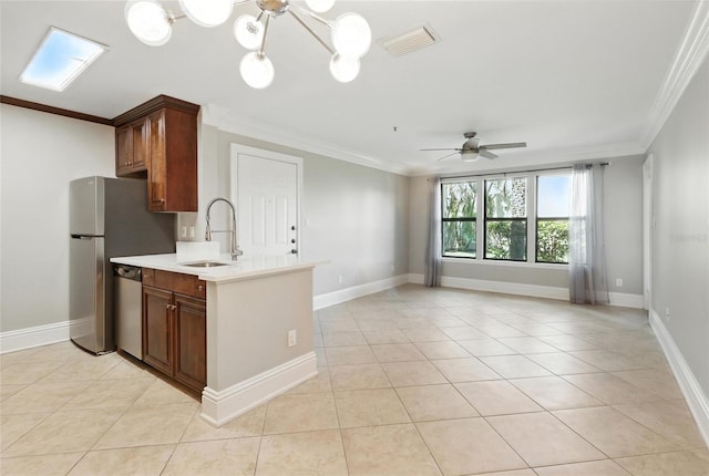 4037 Crockers Lake Blvd Unit 14, Sarasota, FL 34238 - kitchen with dishwasher, ornamental molding, light countertops, light tile patterned floors, and a ceiling fan