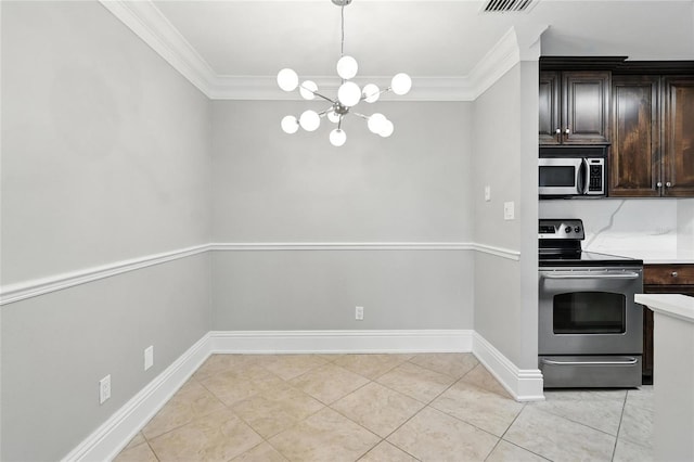 4037 Crockers Lake Blvd Unit 14, Sarasota, FL 34238 - unfurnished dining area with a chandelier, crown molding, and light tile patterned floors