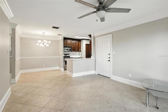 4037 Crockers Lake Blvd Unit 14, Sarasota, FL 34238 - unfurnished living room with crown molding, a ceiling fan, a chandelier, and light tile patterned floors