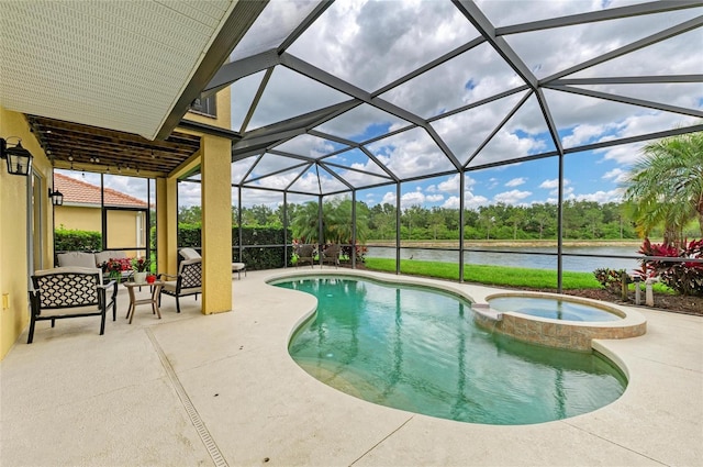 view of swimming pool featuring a water view, a patio, a pool with connected hot tub, outdoor lounge area, and a lanai