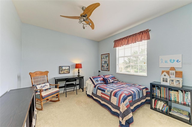 carpeted bedroom with ceiling fan