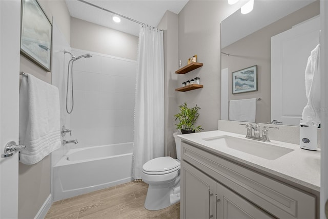 6185 SW 89th Ct, Ocala, FL 34481 - bathroom with toilet, wood finished floors, shower / tub combo with curtain, vanity, and recessed lighting