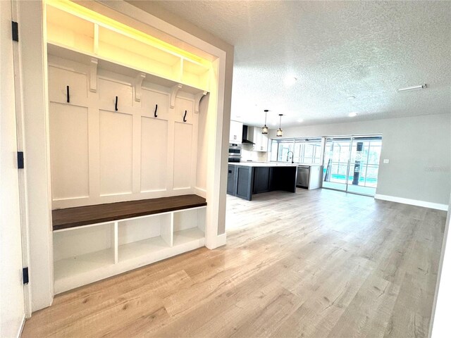 6524 Senegal Palm Way, Apollo Beach, FL 33572 - mudroom featuring a textured ceiling, light wood-style floors, a sink, and baseboards