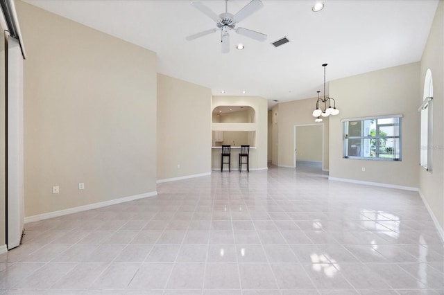 6222 Country Club Way, Sarasota, FL 34243 - unfurnished living room featuring ceiling fan, light tile patterned floors, a chandelier, recessed lighting, and baseboards