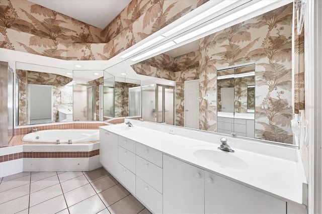 6222 Country Club Way, Sarasota, FL 34243 - full bath featuring wallpapered walls, a garden tub, double vanity, tile patterned floors, and a stall shower