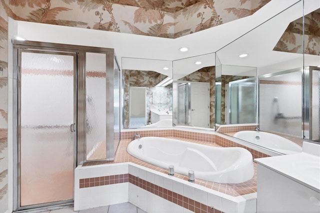6222 Country Club Way, Sarasota, FL 34243 - bathroom featuring a bath, vanity, a shower stall, and recessed lighting