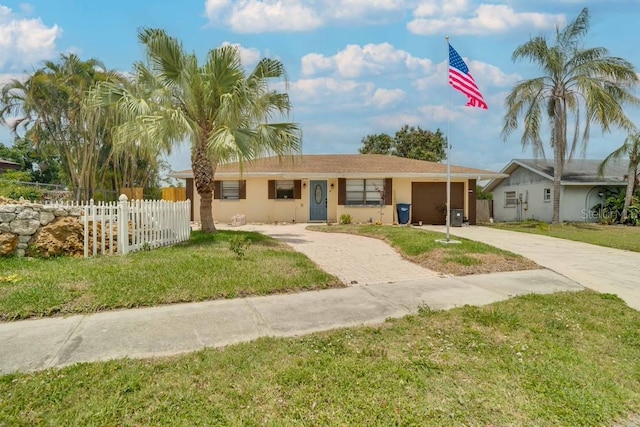 ranch-style house with driveway, an attached garage, and stucco siding