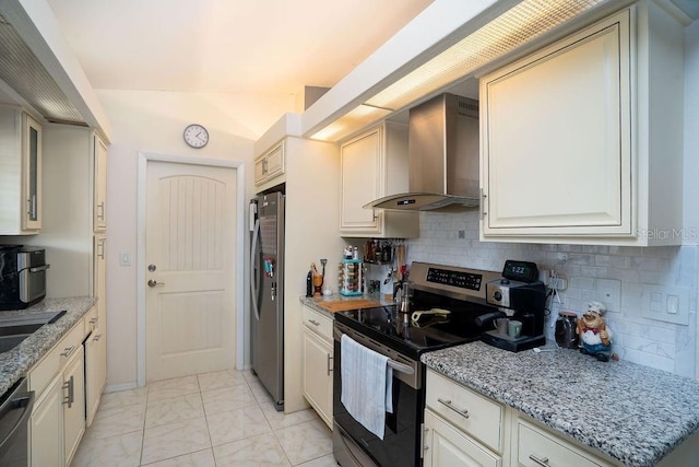 kitchen with wall chimney exhaust hood, stainless steel appliances, backsplash, and light marble finish floors