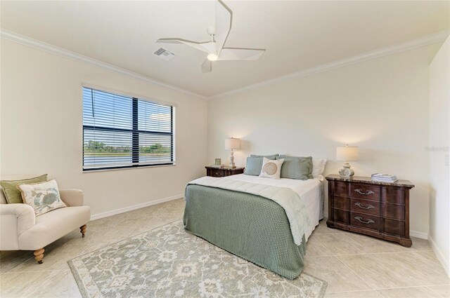 24065 Canterwood Way, Venice, FL 34293 - bedroom with crown molding, light tile patterned floors, baseboards, and a ceiling fan