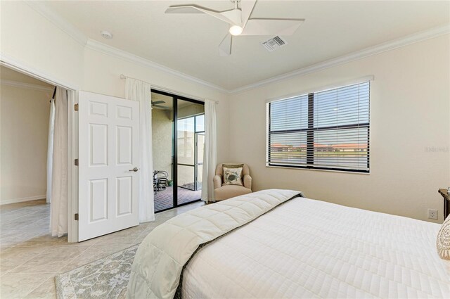 24065 Canterwood Way, Venice, FL 34293 - bedroom featuring ornamental molding, access to exterior, ceiling fan, light tile patterned floors, and baseboards