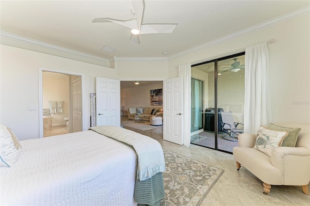 24065 Canterwood Way, Venice, FL 34293 - bedroom with crown molding, light tile patterned flooring, access to exterior, ensuite bathroom, and a ceiling fan