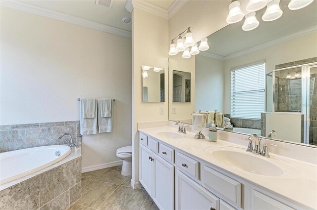 24065 Canterwood Way, Venice, FL 34293 - bathroom featuring double vanity, toilet, a shower stall, ornamental molding, and tile patterned floors