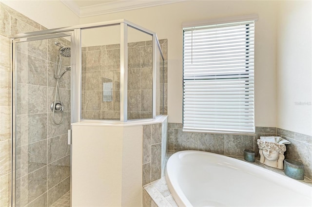 24065 Canterwood Way, Venice, FL 34293 - full bathroom with a garden tub, a shower stall, and crown molding