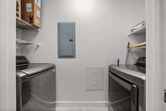 1350 Main St Unit 1703, Sarasota, FL 34236 - laundry area featuring electric panel, washing machine and dryer, and baseboards