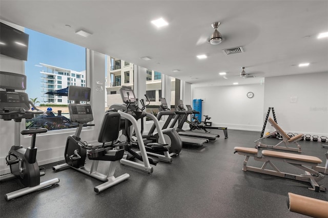 1350 Main St Unit 1703, Sarasota, FL 34236 - exercise room featuring ceiling fan and baseboards