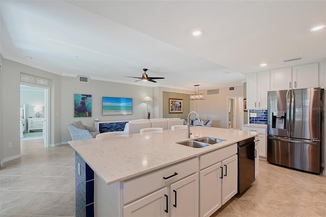 1017 Tidewater Shores Loop Unit 1017, Bradenton, FL 34208 - kitchen with stainless steel fridge with ice dispenser, a sink, dishwasher, light tile patterned flooring, and white cabinetry