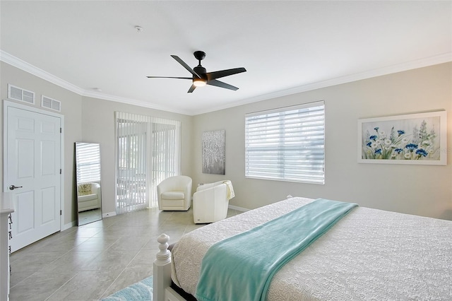 1017 Tidewater Shores Loop Unit 1017, Bradenton, FL 34208 - bedroom with crown molding, multiple windows, baseboards, light tile patterned floors, and ceiling fan