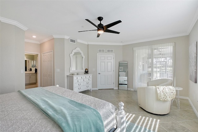 1017 Tidewater Shores Loop Unit 1017, Bradenton, FL 34208 - bedroom featuring light tile patterned flooring, ornamental molding, baseboards, recessed lighting, and ensuite bath