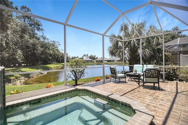 8525 54th Avenue Cir E, Bradenton, FL 34211 - view of swimming pool featuring a patio area, an outdoor hangout area, a water view, and a lanai