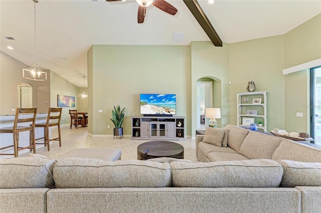518 Chantilly Trl, Bradenton, FL 34212 - living room with arched walkways, ceiling fan, light tile patterned floors, baseboards, and recessed lighting