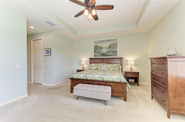 518 Chantilly Trl, Bradenton, FL 34212 - bedroom with light colored carpet, baseboards, a ceiling fan, and a raised ceiling