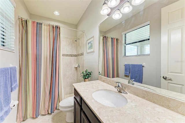 518 Chantilly Trl, Bradenton, FL 34212 - bathroom featuring toilet, vanity, a shower with shower curtain, and tile patterned flooring