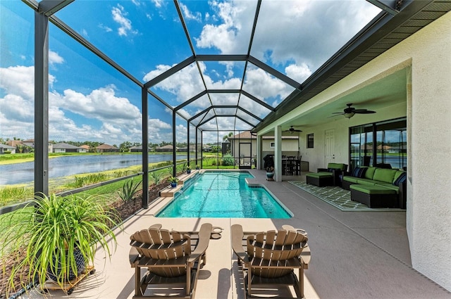 518 Chantilly Trl, Bradenton, FL 34212 - outdoor pool featuring a water view, a patio, ceiling fan, an outdoor hangout area, and glass enclosure