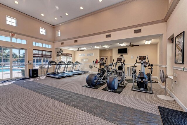 518 Chantilly Trl, Bradenton, FL 34212 - gym featuring ceiling fan, carpet floors, recessed lighting, ornamental molding, and baseboards