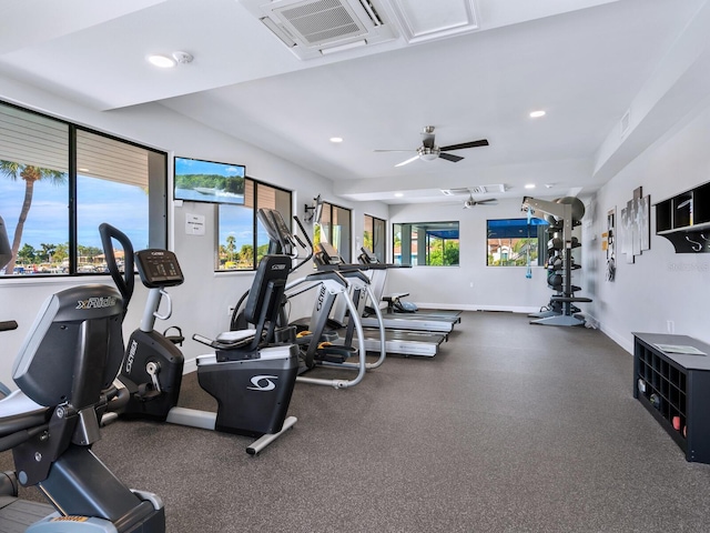 180 Lookout Point Dr, Osprey, FL 34229 - exercise room with a ceiling fan and recessed lighting