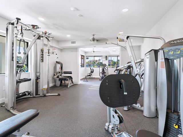180 Lookout Point Dr, Osprey, FL 34229 - gym with recessed lighting and a ceiling fan